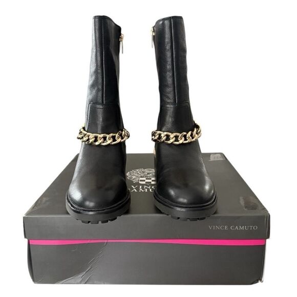Vince Camuto Keshia Moto Black Butter Calf Leather Boots with Gold Chain - Picture 4 of 10